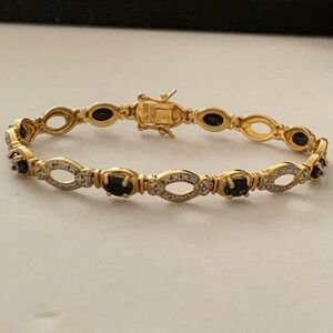 Gold Tone 925 Sterling Silver Tennis Bracelet Faux Sapphire & CZ Diamonds 7.75”